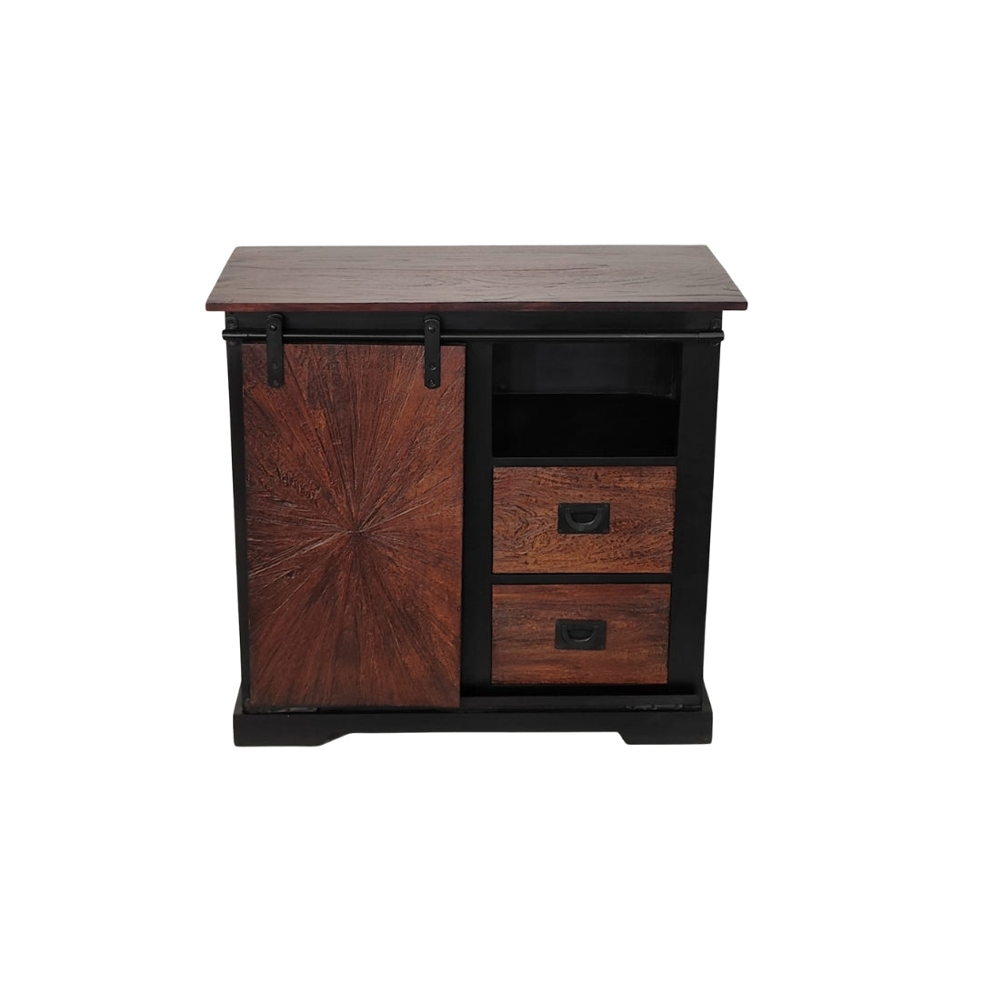 Rustic Sunburst Carved Sideboard with Sliding Barn Door