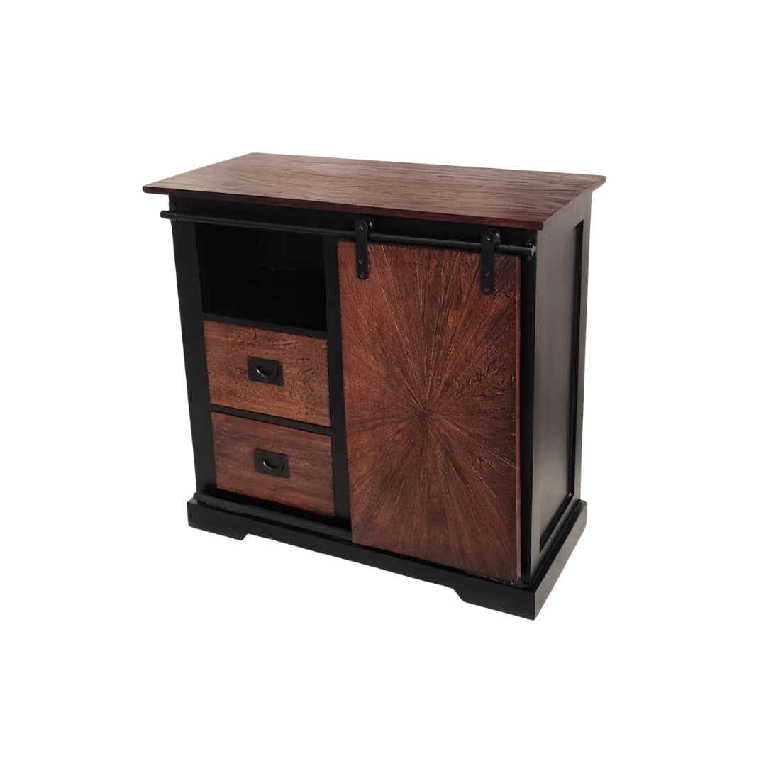 Rustic Sunburst Carved Sideboard with Sliding Barn Door
