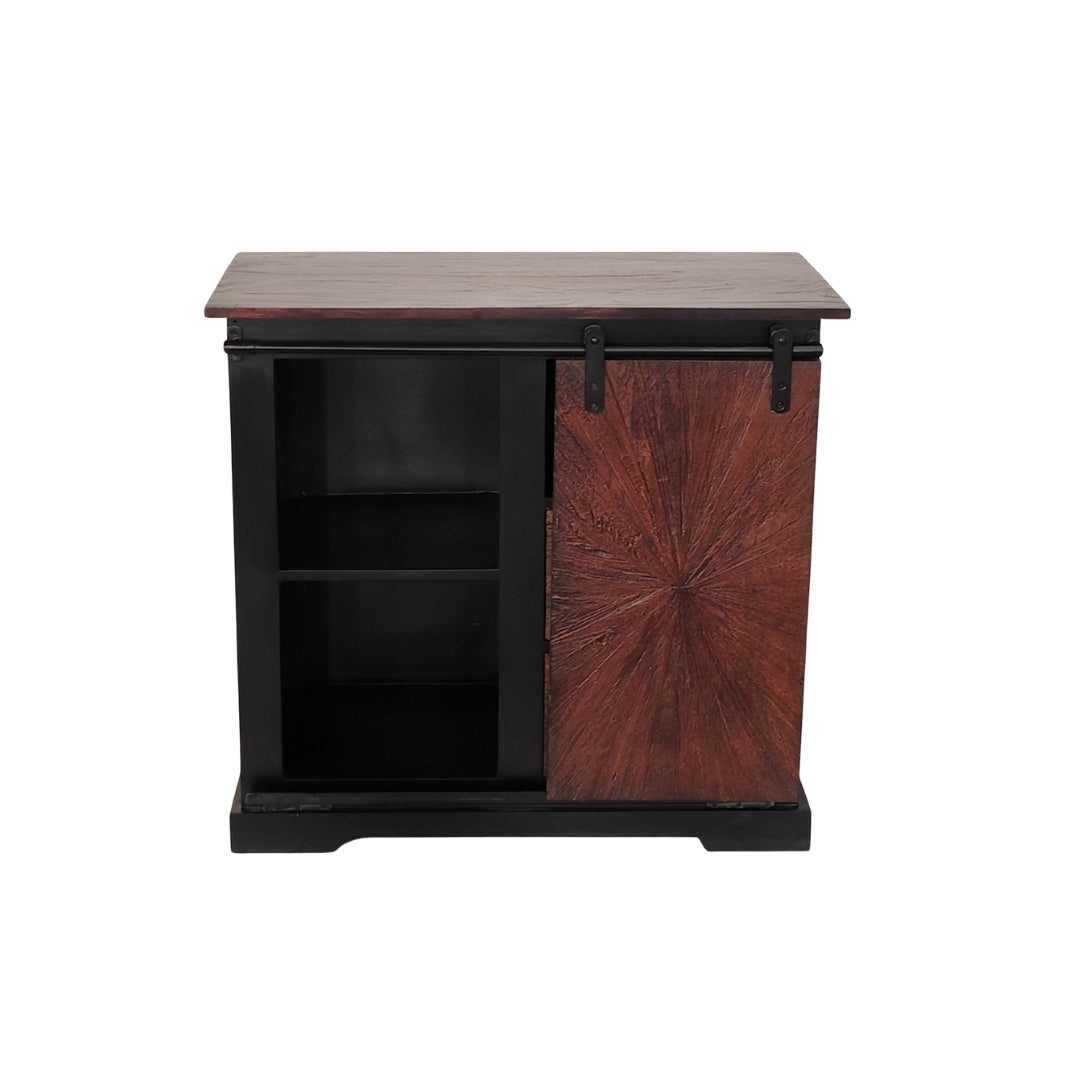 Rustic Sunburst Carved Sideboard with Sliding Barn Door
