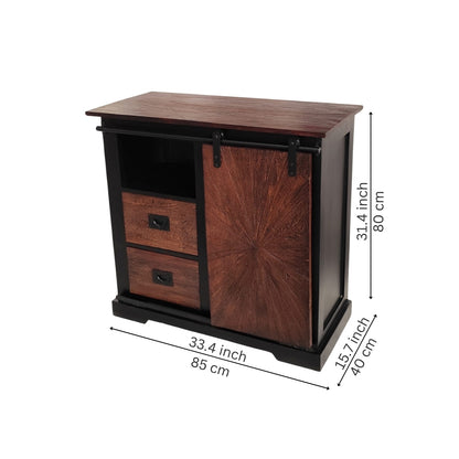 Rustic Sunburst Carved Sideboard with Sliding Barn Door