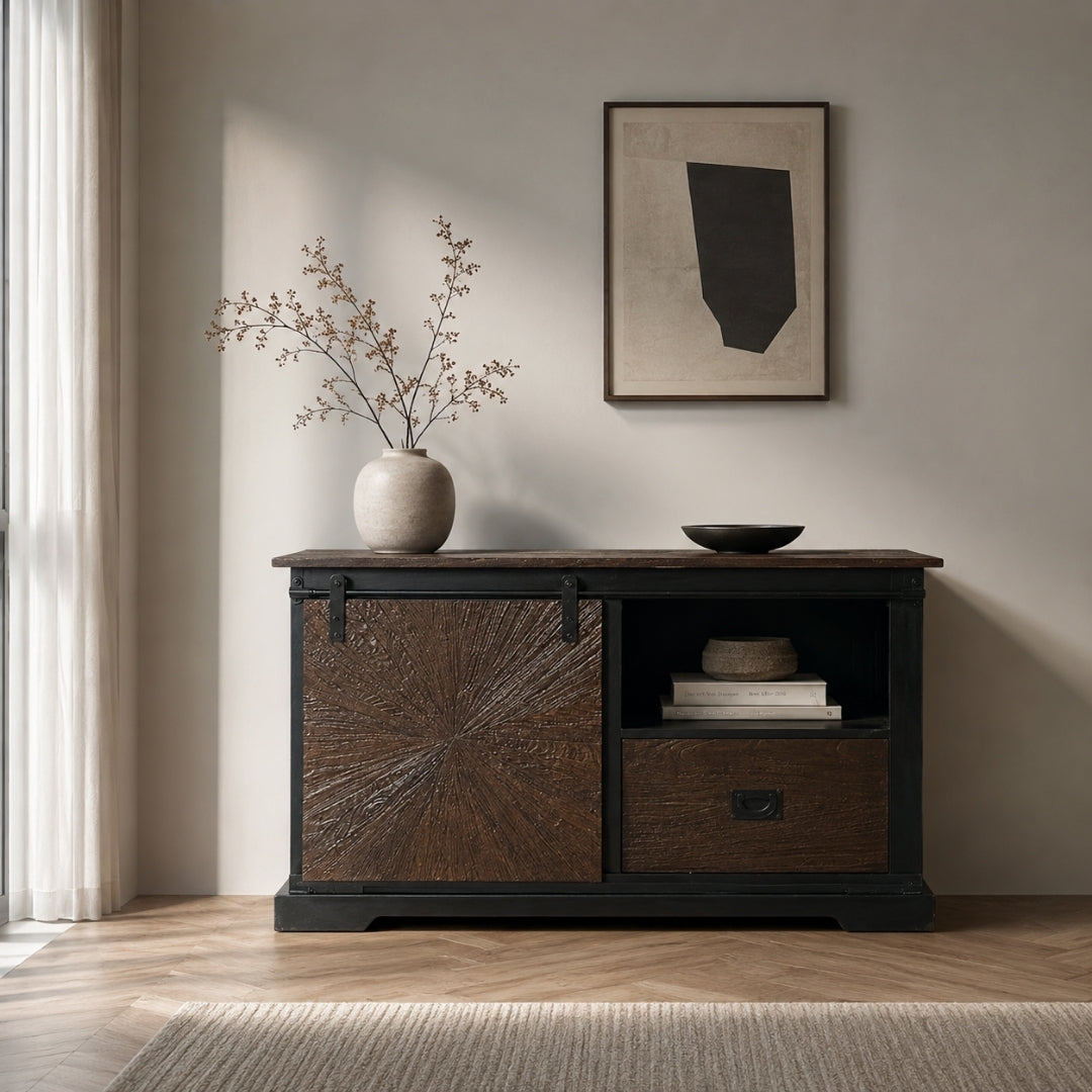 Rustic Sunburst Carved Sideboard with Sliding Barn Door