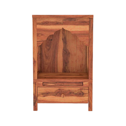 wooden pooja mandir for home with drawer storage, Ganesh idol setup in solid wood temple