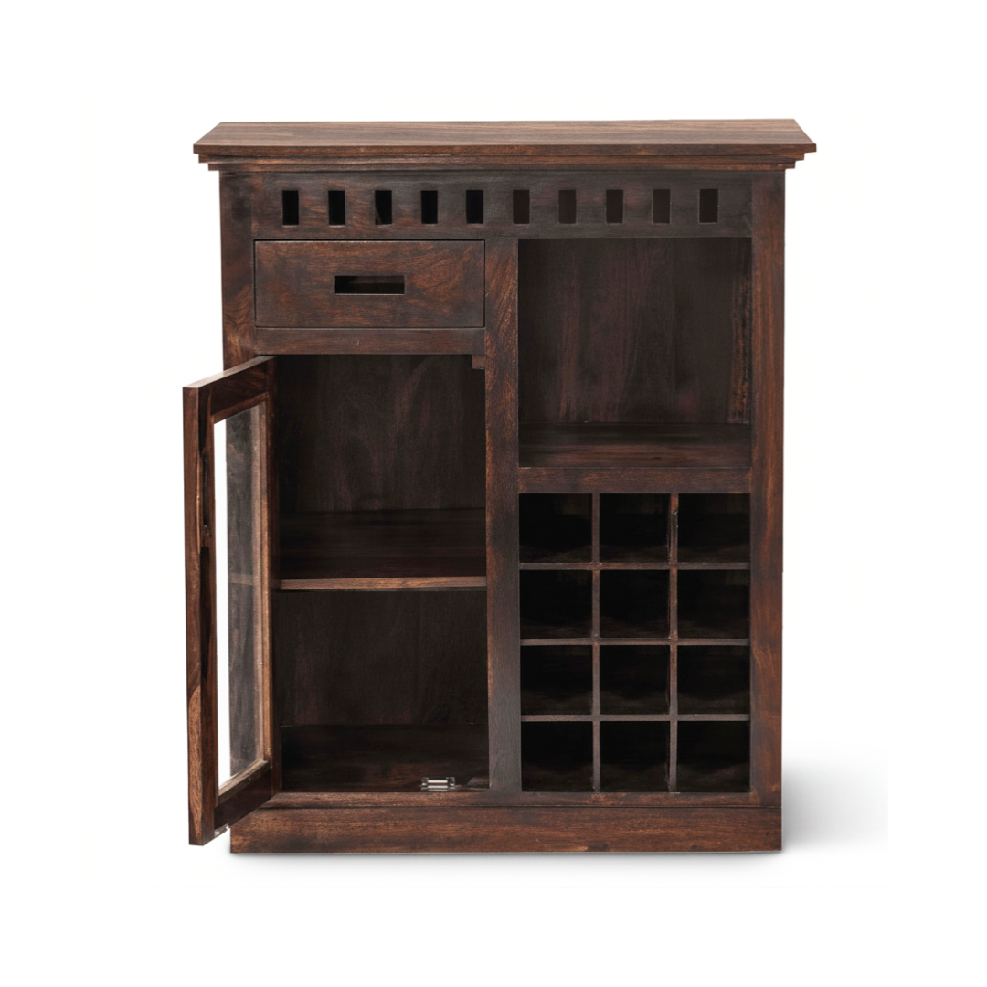 Modern mini bar cabinet with wooden finish, wine bottle storage, glass door, shelves, and home bar storage design.