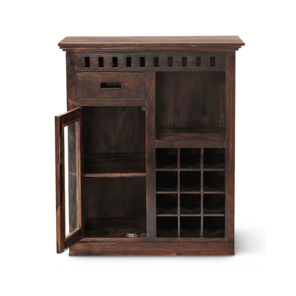 Modern mini bar cabinet with wooden finish, wine bottle storage, glass door, shelves, and home bar storage design.