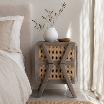 Scandinavian Cane Bedside Table with 2 Drawers – Grey Finish