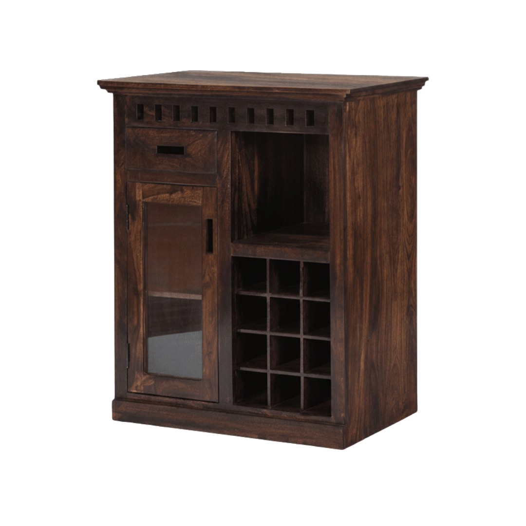 Modern mini bar cabinet with wooden finish, wine bottle storage, glass door, shelves, and home bar storage design.