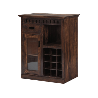 Modern mini bar cabinet with wooden finish, wine bottle storage, glass door, shelves, and home bar storage design.