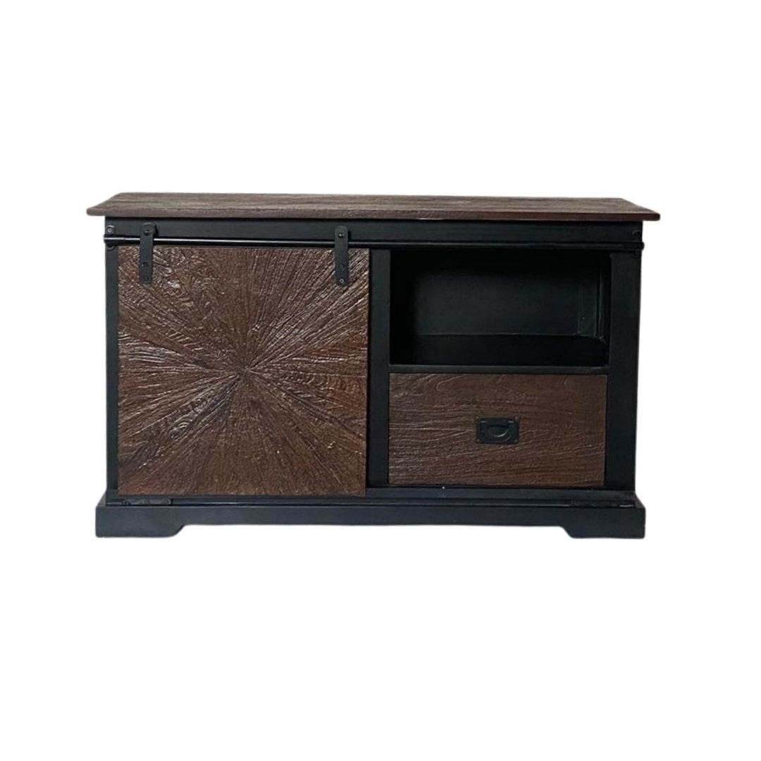 Rustic Sunburst Carved Sideboard with Sliding Barn Door