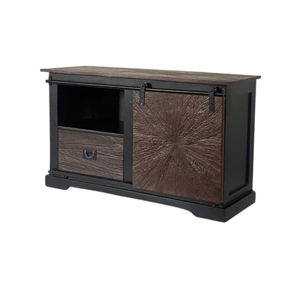 Rustic Sunburst Carved Sideboard with Sliding Barn Door