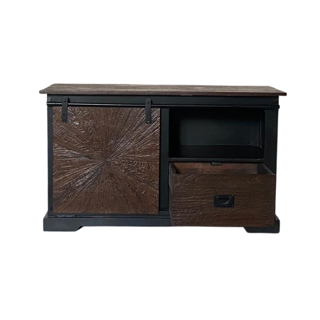 Rustic Sunburst Carved Sideboard with Sliding Barn Door