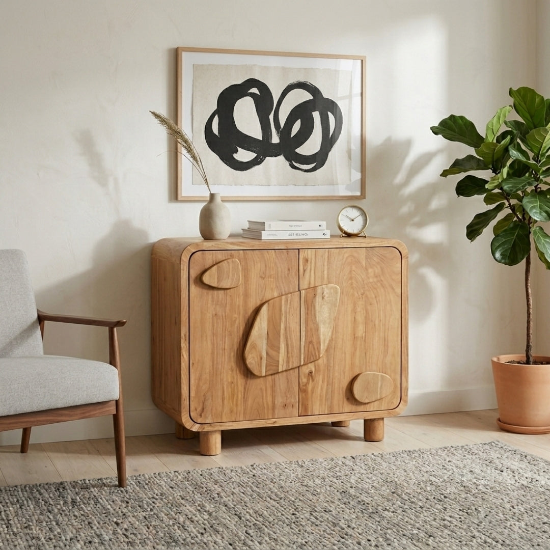 Organic Wooden Sideboard with Abstract Pebble Accents