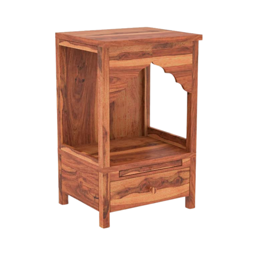 wooden pooja mandir for home with drawer storage, Ganesh idol setup in solid wood temple