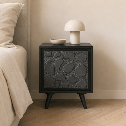 Modern Black Textured Bedside Table with Stone-Inspired Front Panel
