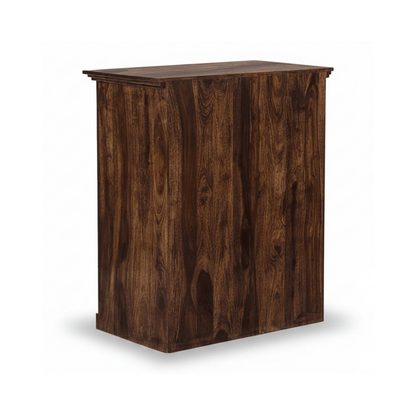 Modern mini bar cabinet with wooden finish, wine bottle storage, glass door, shelves, and home bar storage design.
