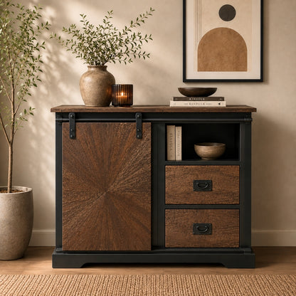 Rustic Sunburst Carved Sideboard with Sliding Barn Door