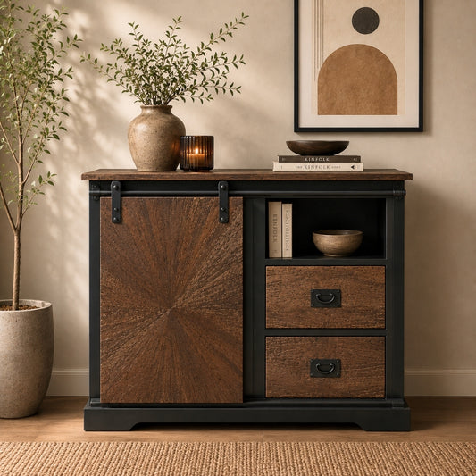 Rustic Sunburst Carved Sideboard with Sliding Barn Door