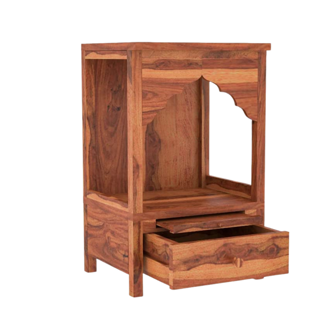 wooden pooja mandir for home with drawer storage, Ganesh idol setup in solid wood temple