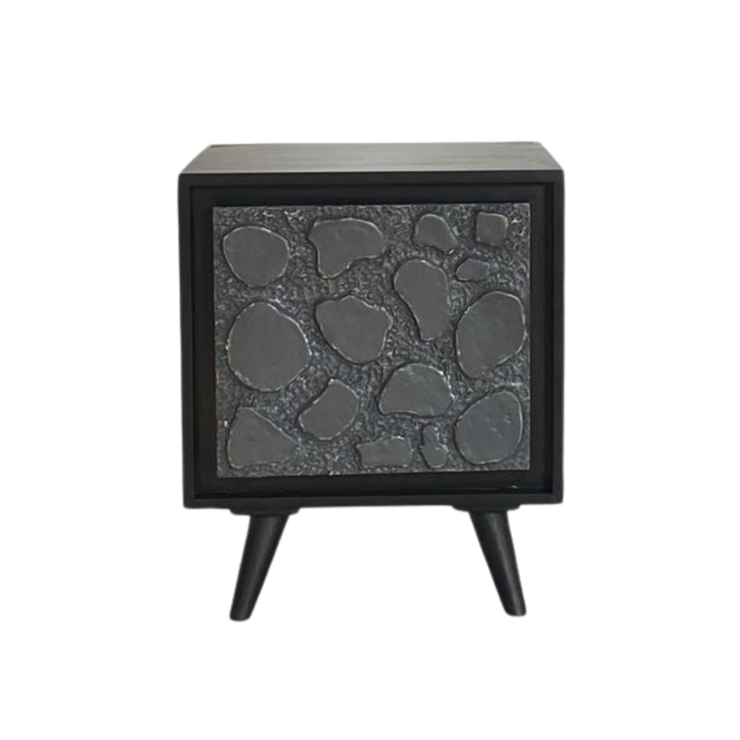 Modern Black Textured Bedside Table with Stone-Inspired Front Panel