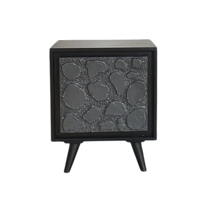 Modern Black Textured Bedside Table with Stone-Inspired Front Panel