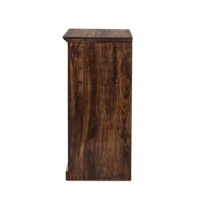 Modern mini bar cabinet with wooden finish, wine bottle storage, glass door, shelves, and home bar storage design.