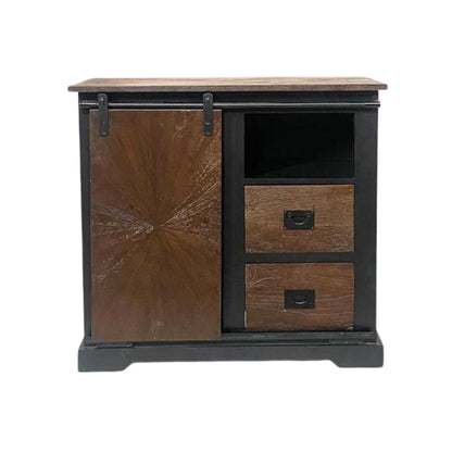 Rustic Sunburst Carved Sideboard with Sliding Barn Door