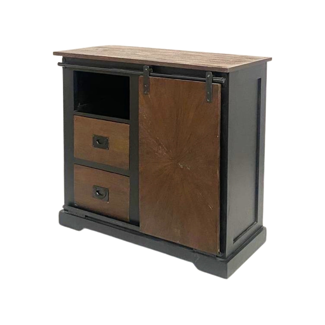 Rustic Sunburst Carved Sideboard with Sliding Barn Door