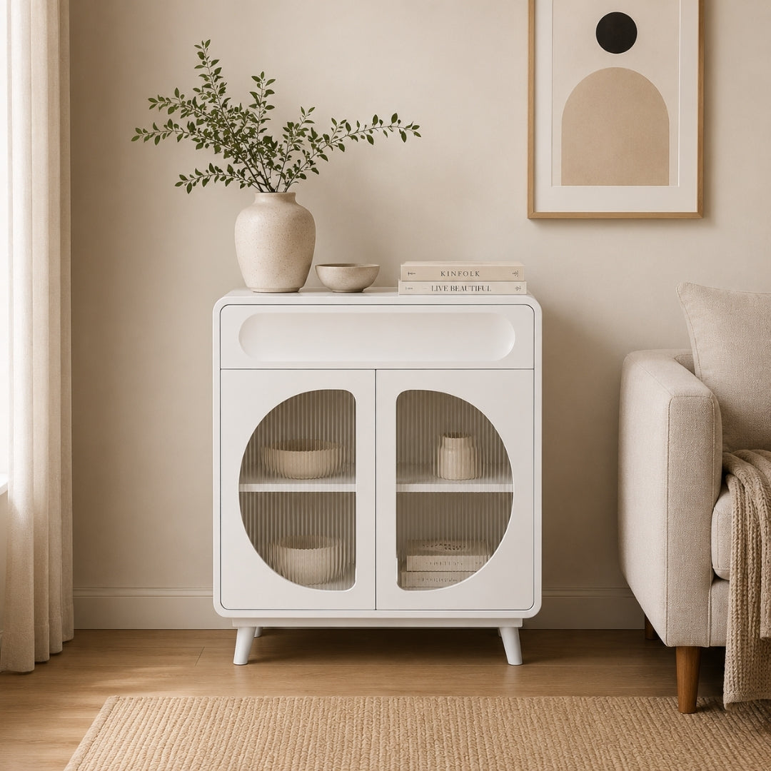 Modern White Capsule Storage Cabinet with Fluted Glass Doors