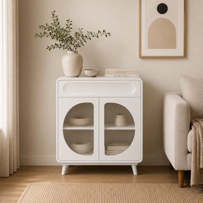 Modern White Capsule Storage Cabinet with Fluted Glass Doors