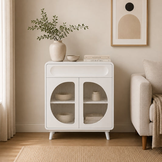 Modern White Capsule Storage Cabinet with Fluted Glass Doors