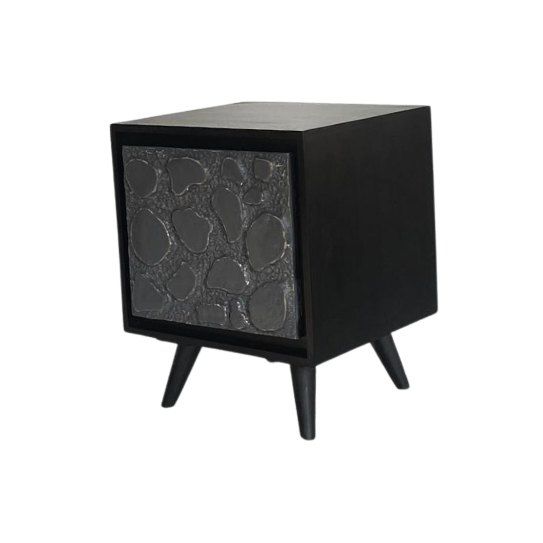 Modern Black Textured Bedside Table with Stone-Inspired Front Panel