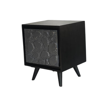 Modern Black Textured Bedside Table with Stone-Inspired Front Panel