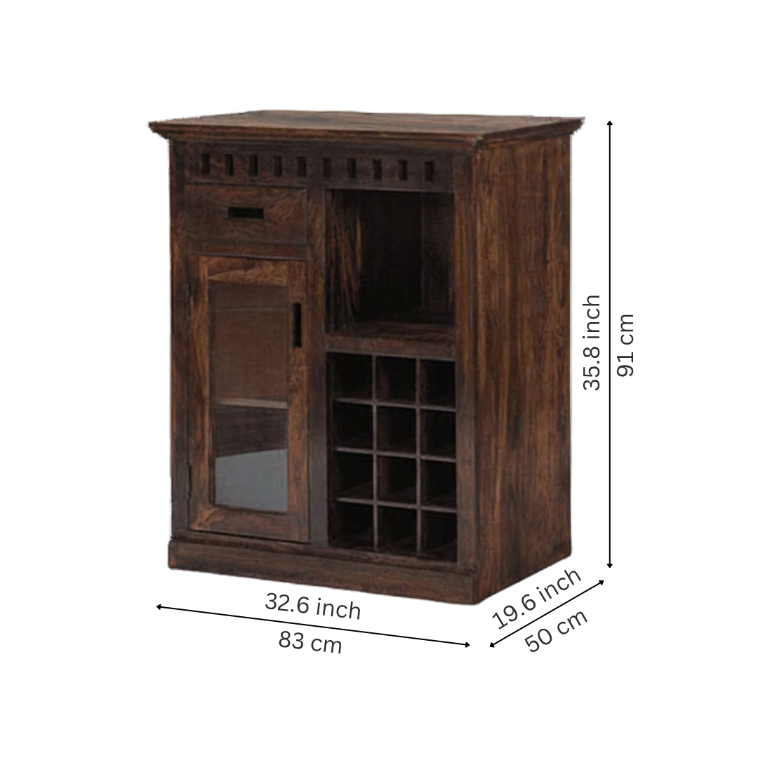Modern mini bar cabinet with wooden finish, wine bottle storage, glass door, shelves, and home bar storage design.