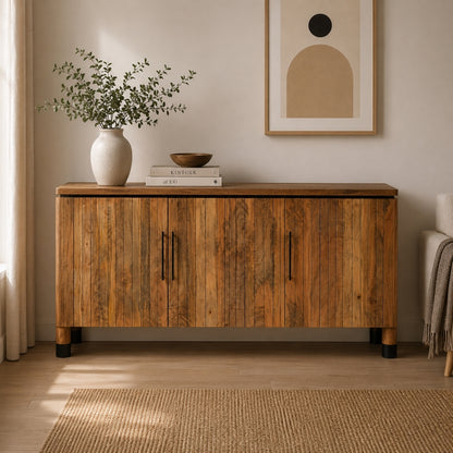 Modern Slatted Wooden Sideboard with Black Handles