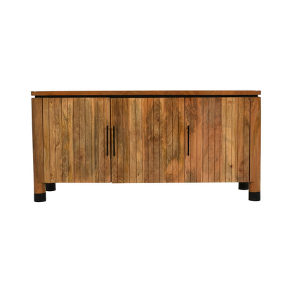 Modern Slatted Wooden Sideboard with Black Handles