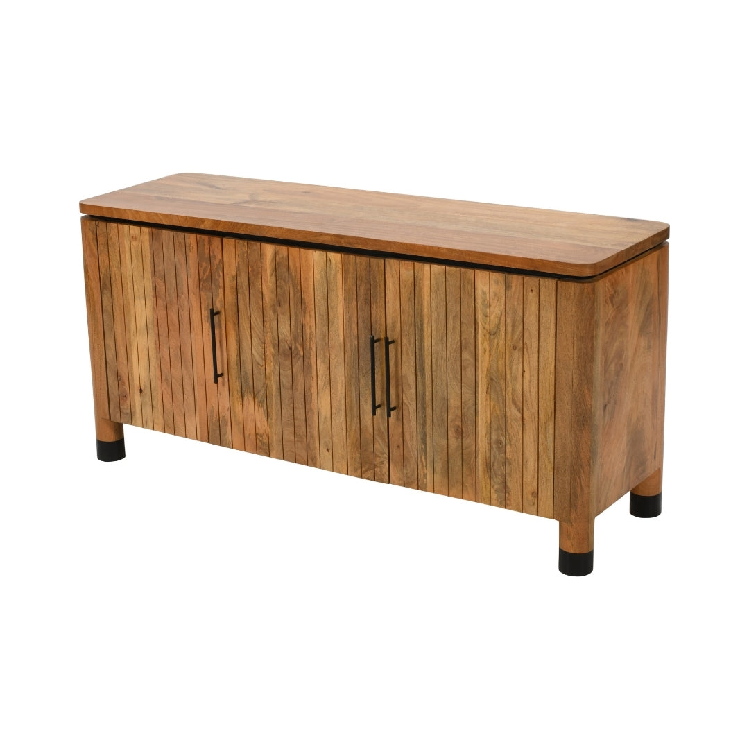 Modern Slatted Wooden Sideboard with Black Handles