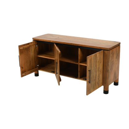 Modern Slatted Wooden Sideboard with Black Handles