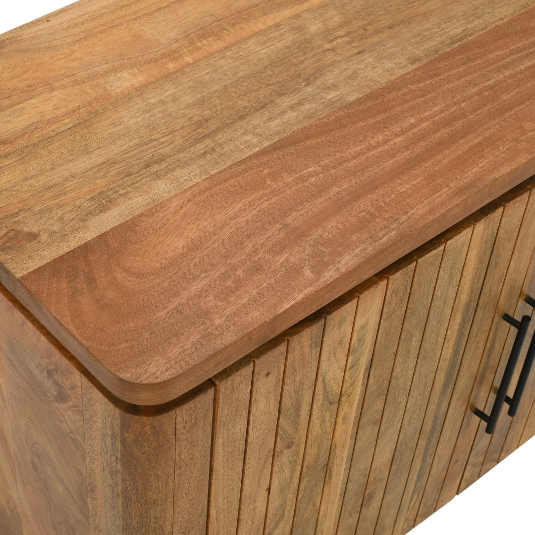 Modern Slatted Wooden Sideboard with Black Handles