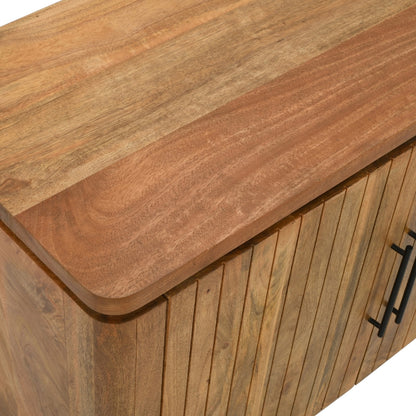 Modern Slatted Wooden Sideboard with Black Handles