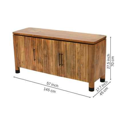 Modern Slatted Wooden Sideboard with Black Handles