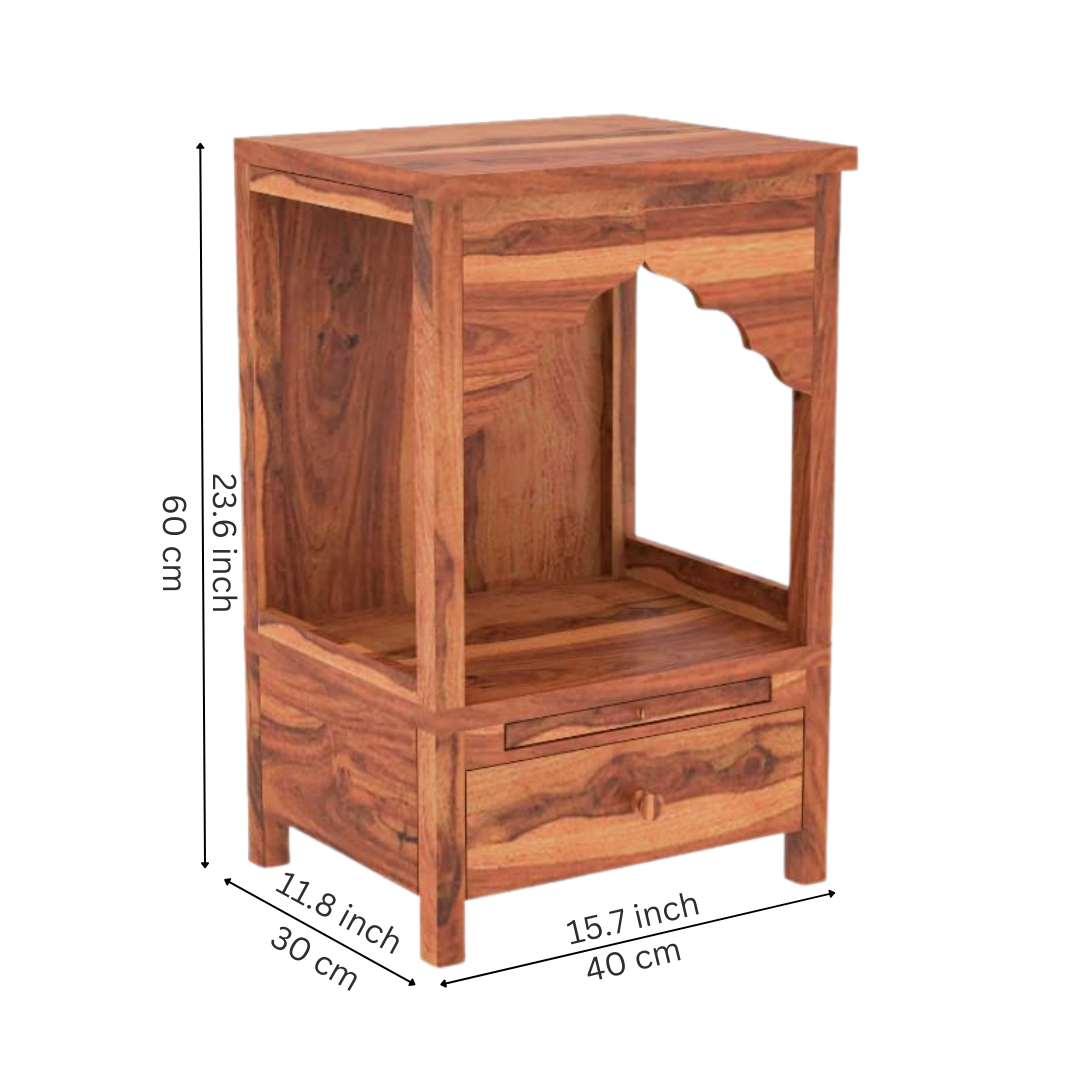 wooden pooja mandir for home with drawer storage, Ganesh idol setup in solid wood temple