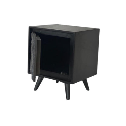 Modern Black Textured Bedside Table with Stone-Inspired Front Panel