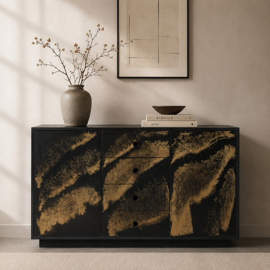Modern Black Sideboard with Gold Resin Swirl Drawers and Doors