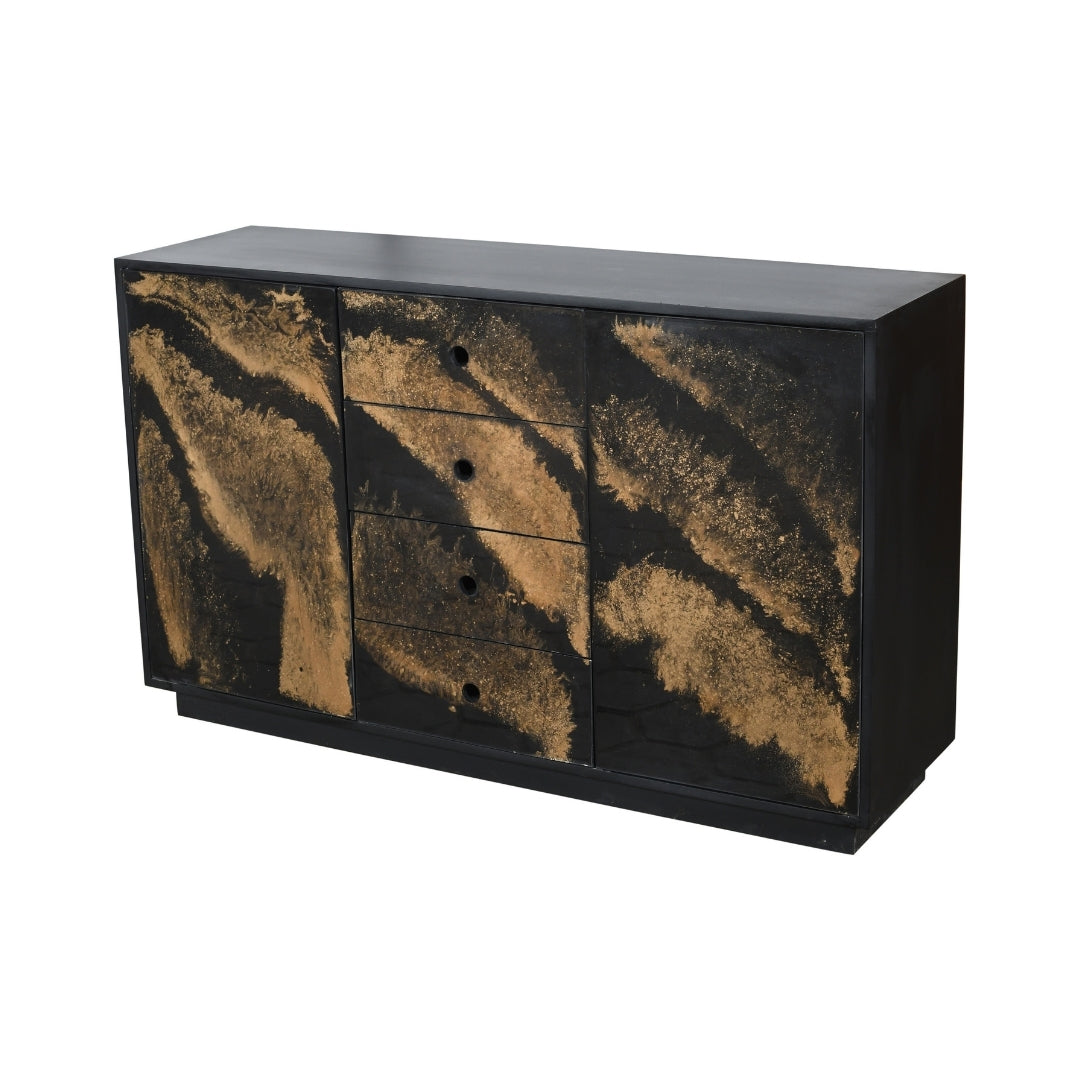 Modern Black Sideboard with Gold Resin Swirl Drawers and Doors
