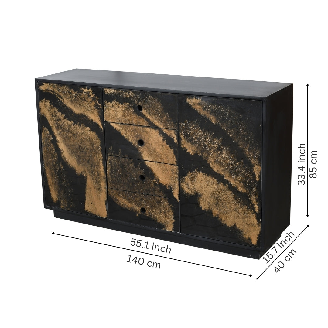 Modern Black Sideboard with Gold Resin Swirl Drawers and Doors