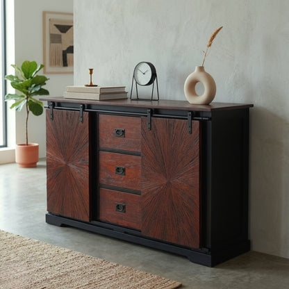 Rustic Sunburst Carved Sideboard with Sliding Barn Doors and Drawers