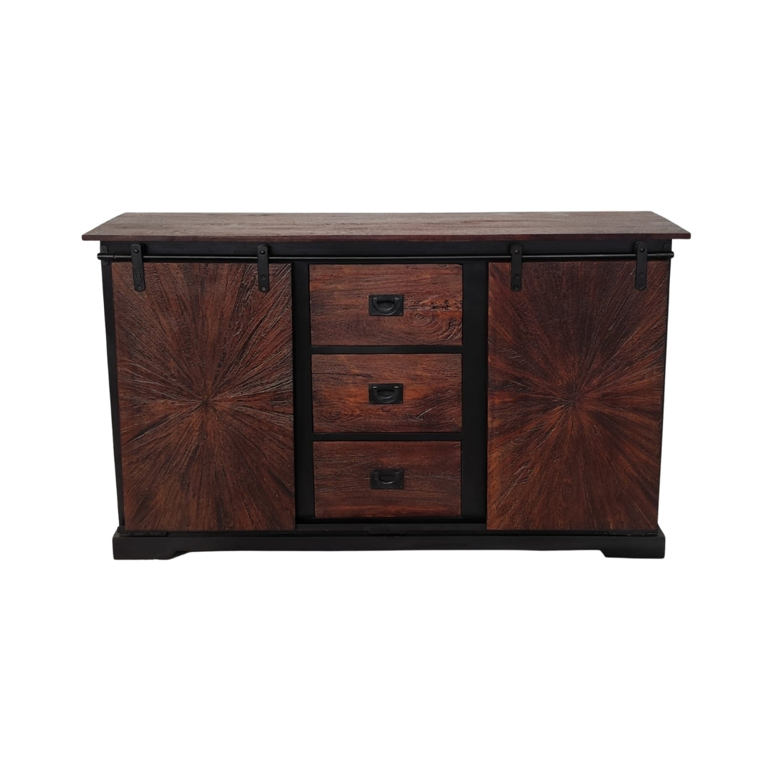 Rustic Sunburst Carved Sideboard with Sliding Barn Doors and Drawers