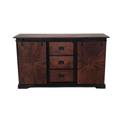 Rustic Sunburst Carved Sideboard with Sliding Barn Doors and Drawers