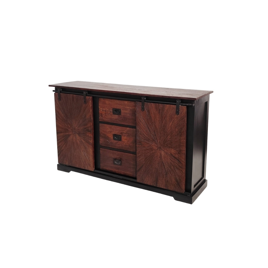 Rustic Sunburst Carved Sideboard with Sliding Barn Doors and Drawers