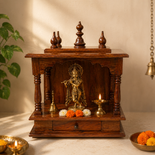 wooden pooja mandir for home with drawer storage, Ganesh idol setup in solid wood temple