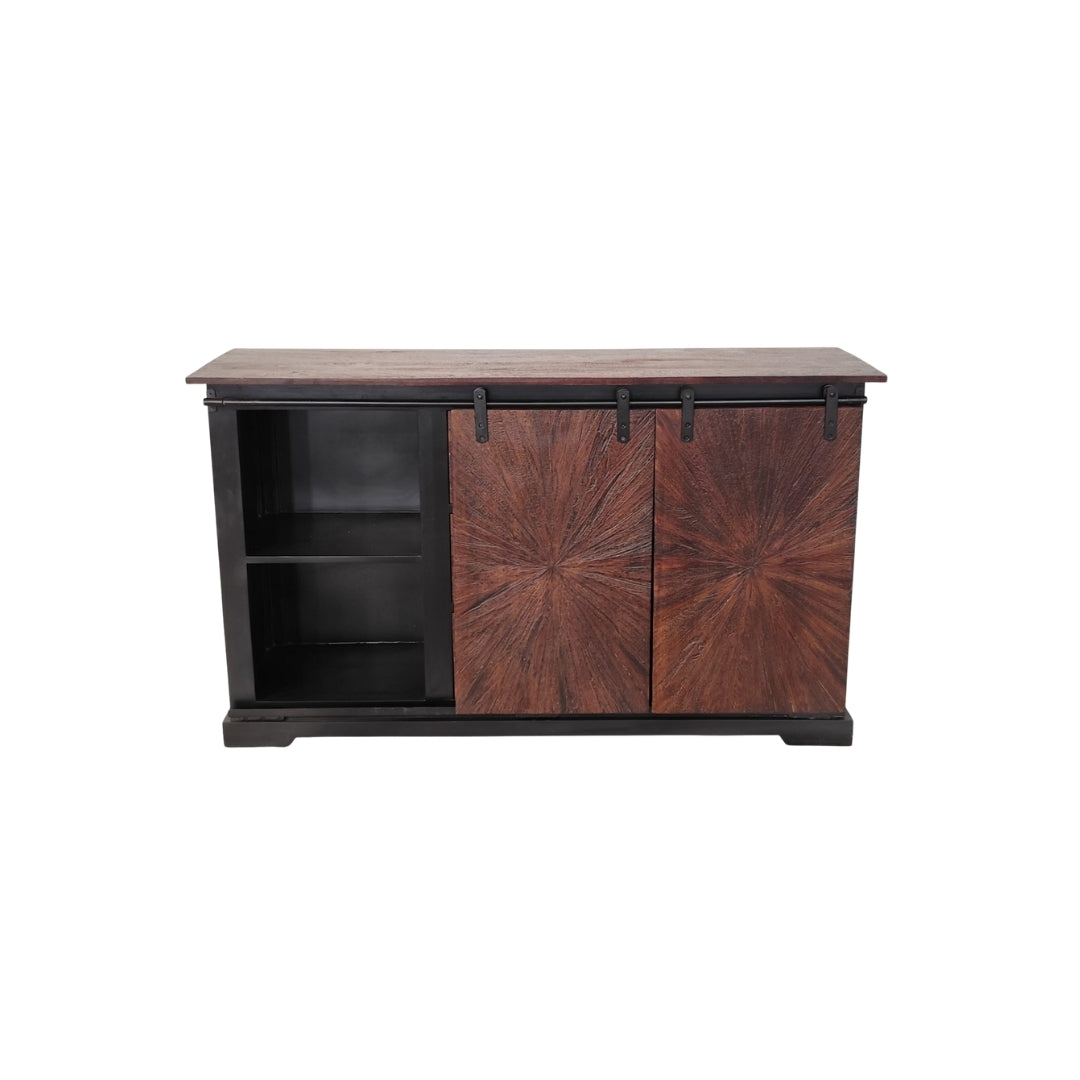 Rustic Sunburst Carved Sideboard with Sliding Barn Doors and Drawers